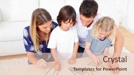  Presentation with living room family - Presentation theme having loving family playing mikado in the living room at home background and a lemonade colored foreground