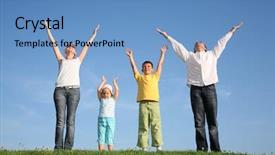  Presentation with god - Presentation theme featuring loving god - family of four on grass background and a teal colored foreground