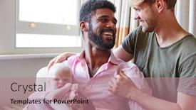  Presentation with sex - Slide deck enhanced with loving male same sex couple cuddling baby daughter on sofa at home together background and a coral colored foreground