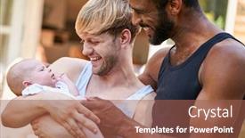  Presentation with home garden - Presentation theme featuring loving male same sex couple cuddling baby daughter at home in garden together background and a red colored foreground