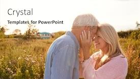  Presentation with head - Beautiful presentation design featuring loving mature couple in countryside head to head against flaring sun backdrop and a white colored foreground