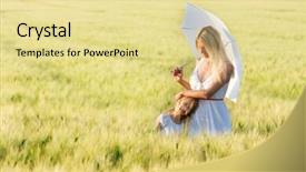  Presentation with under umbrella - Presentation theme enhanced with loving mother and daughter under white umbrella in green field background and a blonde colored foreground