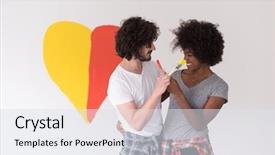  Presentation with loving hearts love heart candy - Audience pleasing PPT theme consisting of loving multiethnict couple with paint backdrop and a sky blue colored foreground