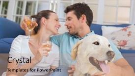  Presentation with living room - Presentation theme featuring loving relaxed young couple with wine glasses and pet dog sitting in living room at home background and a coral colored foreground