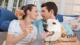  Presentation with pet - PPT theme enhanced with loving relaxed young couple with wine glasses and pet dog sitting in living room at home background and a coral colored foreground