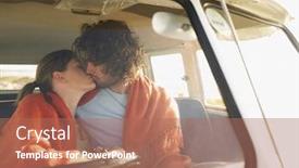  Presentation with campervan - Slides consisting of loving young couple kissing in campervan during roadtrip background and a coral colored foreground