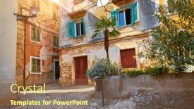  Presentation with windows doors - Presentation design enhanced with lovran-istria-croatia-vintage-medieval background and a tawny brown colored foreground