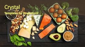 Presentation with food - Audience pleasing slides consisting of low - keto diet food ingredients backdrop and a tawny brown colored foreground