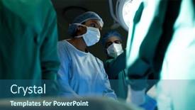  Presentation with diverse medical - PPT theme enhanced with low-angle-of-diverse-surgeons background and a ocean colored foreground