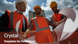  Presentation with workmen - Cool new PPT layouts with low angle portrait of three workmen backdrop and a tawny brown colored foreground