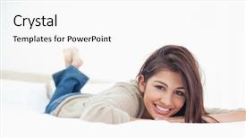  Presentation with acting - Beautiful PPT theme featuring low angle shot of a woman smiling and lying on the bed with her hands acting as a pillow for her head backdrop and a white colored foreground