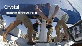  Presentation with members - Cool new PPT theme with low angle view of crew backdrop and a ocean colored foreground