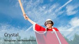  Presentation with super power - Beautiful PPT layouts featuring red costume holding wooden sword backdrop and a light blue colored foreground