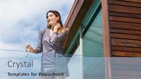  Presentation with railing - Slides with low angle view of gorgeuos woman standing by glass railing at balcony background and a light blue colored foreground