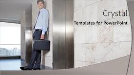  Presentation with lift - Slide deck having low angle view of handsome corporate manager standing near lift background and a light gray colored foreground