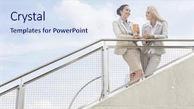  Presentation with railing - Presentation design featuring low angle view of happy businesswomen discussing while standing by railing against sky background and a sky blue colored foreground