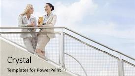  Presentation with railing - Theme with low angle view of happy businesswomen discussing while standing by railing against sky background and a light gray colored foreground