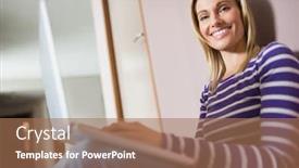  Presentation with flooring - Beautiful slide set featuring low angle view of happy female student using laptop while sitting on flooring in college backdrop and a coral colored foreground