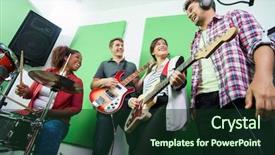  Presentation with members - Beautiful slide deck featuring low angle view of happy band members performing in recording studio backdrop and a tawny brown colored foreground