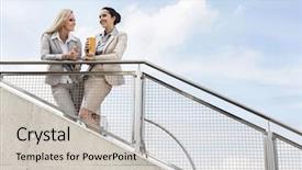 Presentation with railing - Presentation design with low angle view of happy businesswomen discussing while standing by railing against sky background and a light gray colored foreground