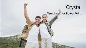 Presentation with mountain hiking - Amazing presentation theme having low angle view of hiking young couple stretching hands on mountain terrain backdrop and a white colored foreground