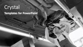  Presentation with mechanic shop - Slides with low angle view of male automobile mechanic repairing car in repair shop background and a dark gray colored foreground