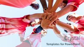  Presentation with team hands - PPT theme having low-angle-view-of-multiracial background and a sky blue colored foreground