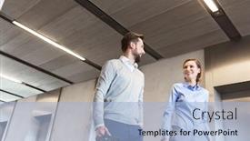  Presentation with lobby - Slide set consisting of low angle view of smiling business partners walking in office lobby background and a light blue colored foreground