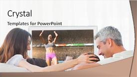  Presentation with television watching - Colorful PPT theme enhanced with low angle view of sportswoman celebrating her victory against family watching television together sitting on sofa backdrop and a white colored foreground