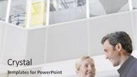  Presentation with low angle view of volleyball - Audience pleasing presentation design consisting of low angle view of two smiling business people with a folder in office atrium backdrop and a light gray colored foreground