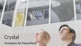  Presentation with low angle view of fictitious - Presentation theme consisting of low angle view of two smiling business people with blueprint in office atrium background and a mint green colored foreground