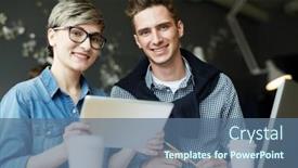  Presentation with paper cups - Colorful PPT theme enhanced with low angle view of two colleagues sitting in small cozy cafe and looking at camera with wide smiles paper cups of coffee and laptop standing on table backdrop and a ocean colored foreground