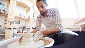  Presentation with pottery - Amazing presentation theme having low angle view of young concentrated mixed race ceramic master making clay jar on pottery wheel in workshop backdrop and a lemonade colored foreground