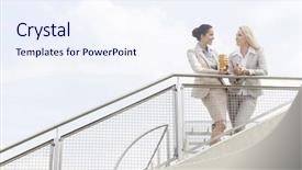  Presentation with railing - PPT theme enhanced with low angle view of young businesswomen talking while standing by railing against sky background and a sky blue colored foreground