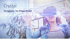  Presentation with augmented reality - PPT theme featuring low angle view of young businesswoman enjoying augmented reality headset while pointing at office background and a sky blue colored foreground