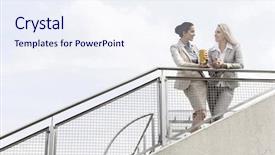  Presentation with railing - Presentation theme having low angle view of young businesswomen talking while standing by railing against sky background and a sky blue colored foreground