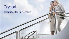  Presentation with railing - Colorful PPT layouts enhanced with low angle view of young businesswomen with disposable coffee cups looking away while standing by railing against sky backdrop and a sky blue colored foreground