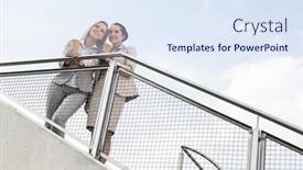  Presentation with railing - Colorful slide set enhanced with low angle view of young businesswomen with disposable coffee cups standing by railing against sky backdrop and a sky blue colored foreground
