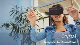  Presentation with augmented reality - Slides having low angle view of young businesswoman enjoying augmented reality headset while pointing at office background and a ocean colored foreground