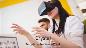  Presentation with augmented reality - Slide deck enhanced with low angle view of young female executive enjoying augmented reality headset at creative office background and a coral colored foreground
