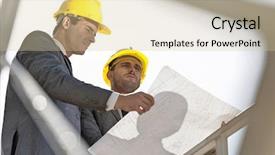  Presentation with blueprint - PPT theme enhanced with low angle view of young businessmen holding blueprint against clear sky background and a soft green colored foreground