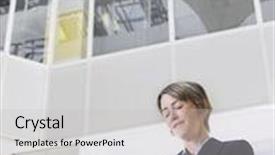  Presentation with office newspaper - Presentation theme featuring low angle view of a businesswoman reading newspaper in atrium of office building background and a light gray colored foreground