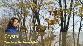  Presentation with leaves falling - Presentation theme with low angle view of a smiling woman with falling leaves in the park background and a tawny brown colored foreground