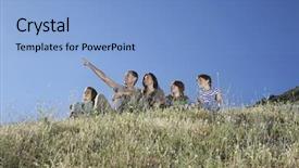  Presentation with hill - Cool new PPT layouts with low angle view of a couple with three children sitting on hill against clear blue sky backdrop and a light blue colored foreground