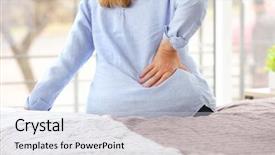  Presentation with low back - Colorful presentation theme enhanced with medical low back ache - senior woman suffering from backache backdrop and a sky blue colored foreground