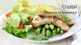  Presentation with green chemistry reaction formula - Colorful PPT layouts enhanced with low calorie - delicious fried fish on green backdrop and a blonde colored foreground