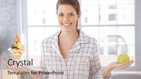  Presentation with decision making - Cool new presentation theme with low calorie - happy woman standing at home backdrop and a lemonade colored foreground