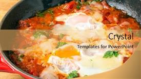  Presentation with mediterranean - Theme having low carb - eggs in purgatory a traditional background and a  colored foreground
