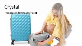  Presentation with luggage - Cool new PPT theme with low cost airlines - young woman trying to pack backdrop and a white colored foreground