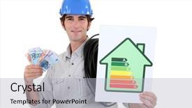  Presentation with rating - PPT theme consisting of low cost housing - man holding energy-rating poster background and a light gray colored foreground